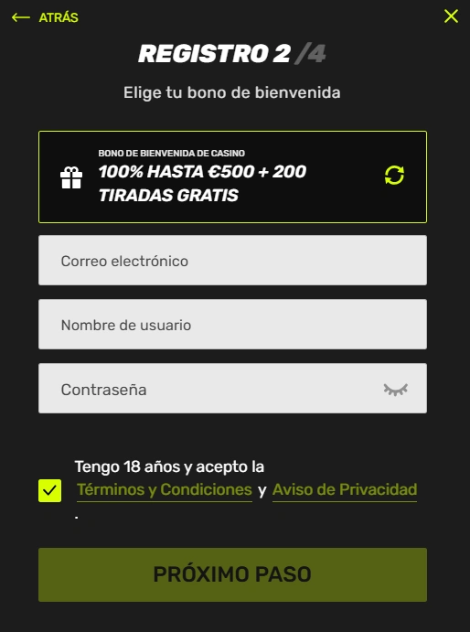 Sportuna Casino Proceso de registro paso 2